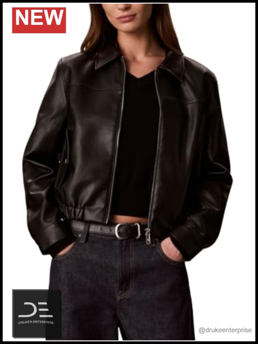 Faux Leather Bomber Jacket Classic Fit Full Zip Women's Casual
